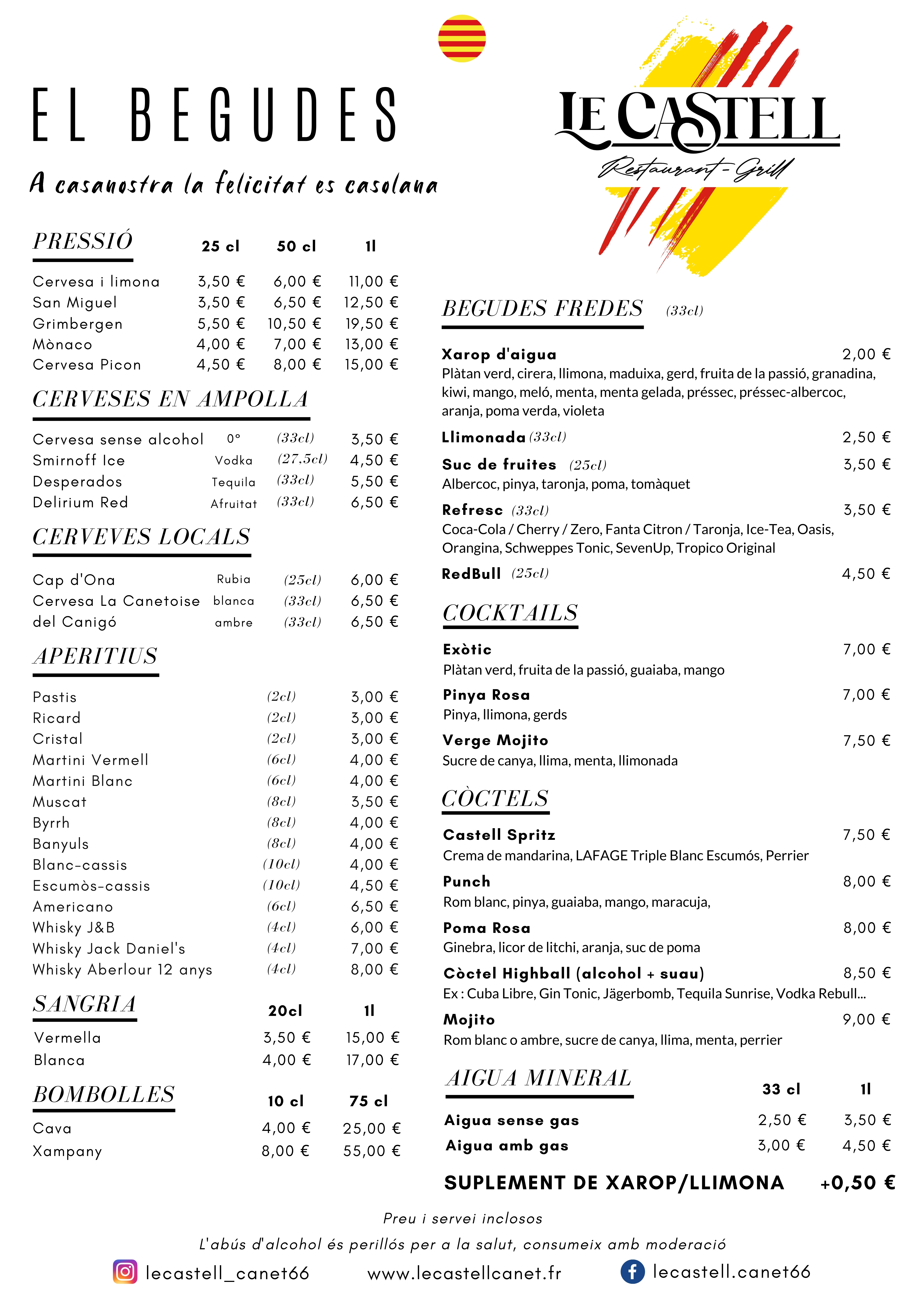 menú de begudes