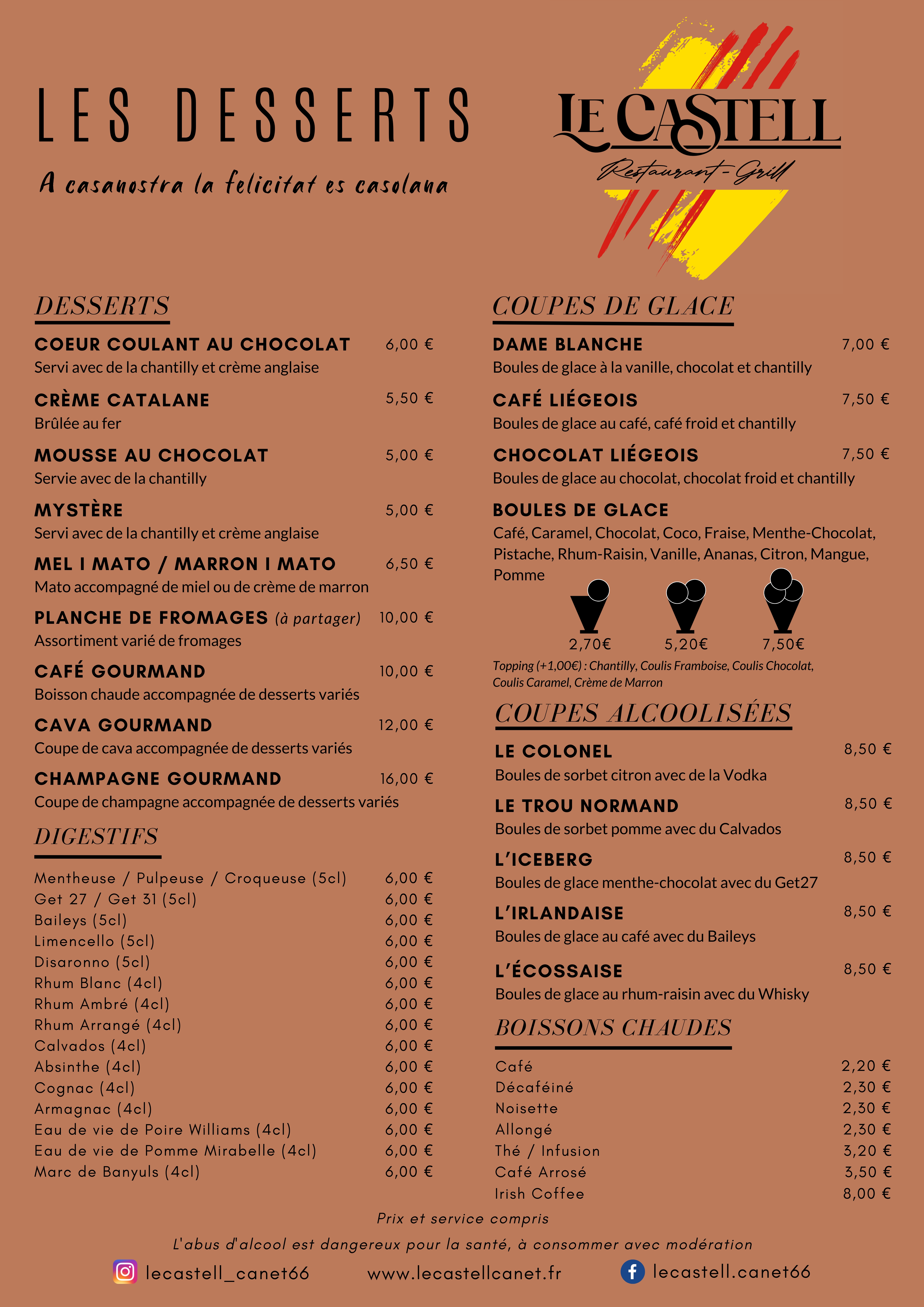 Carte des desserts
