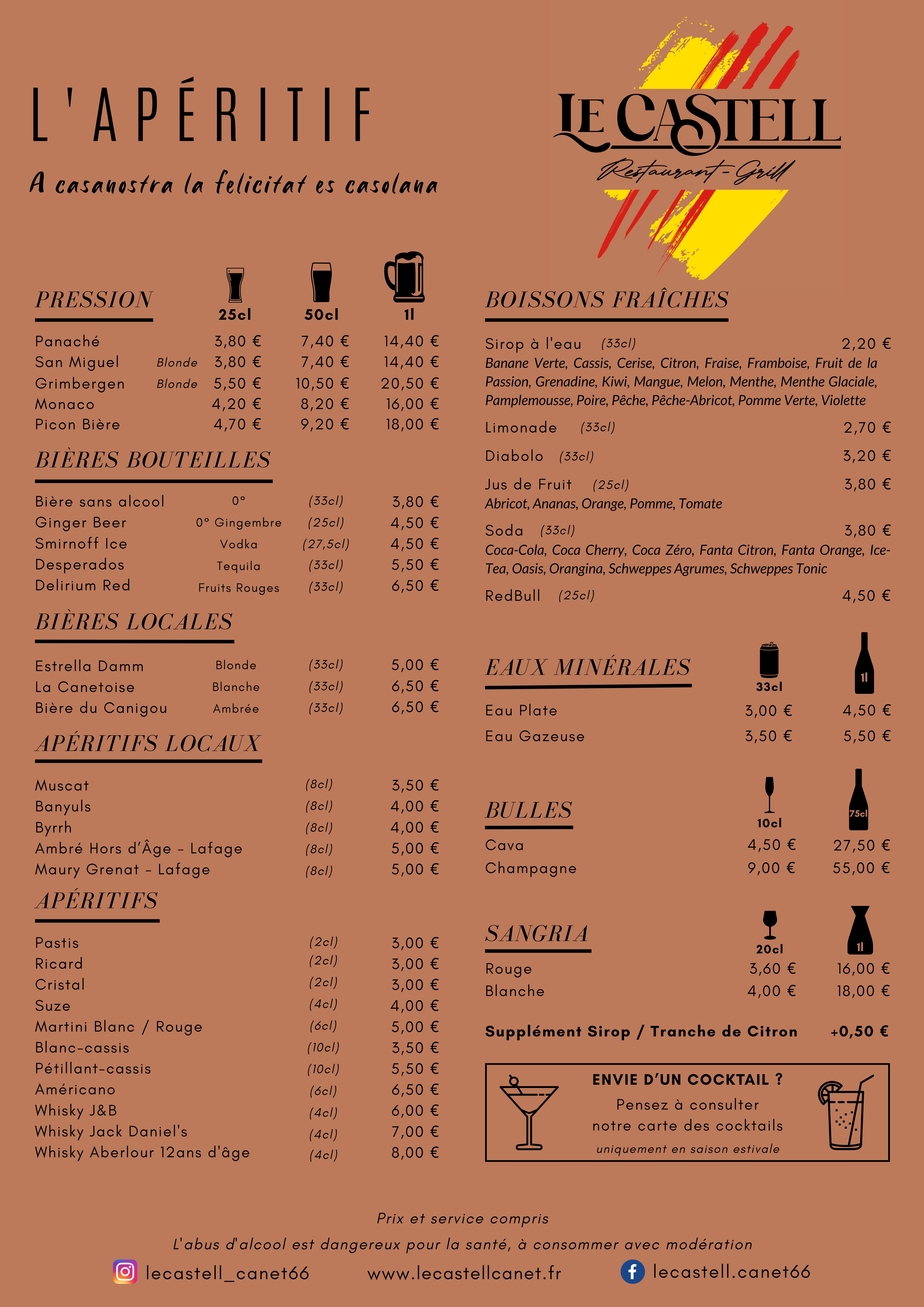 Carte des boissons